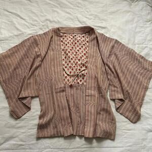 Japanese vintage red and cream striped Haori floral pattern lining From Japan